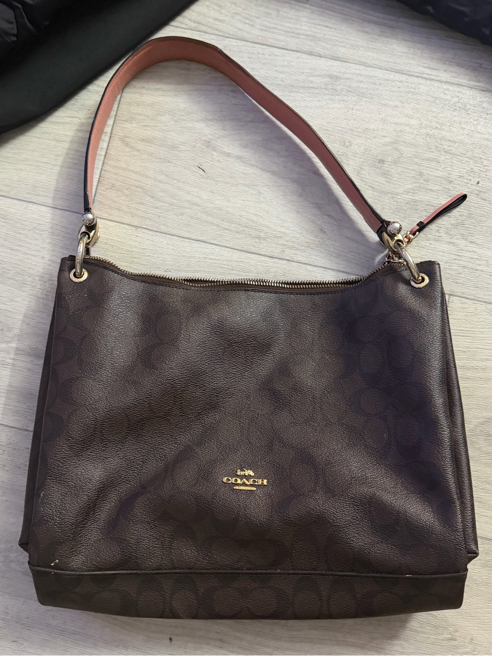 Coach Dark Brown Logo Canvas Shoulder Bag with Pink-Lined Strap